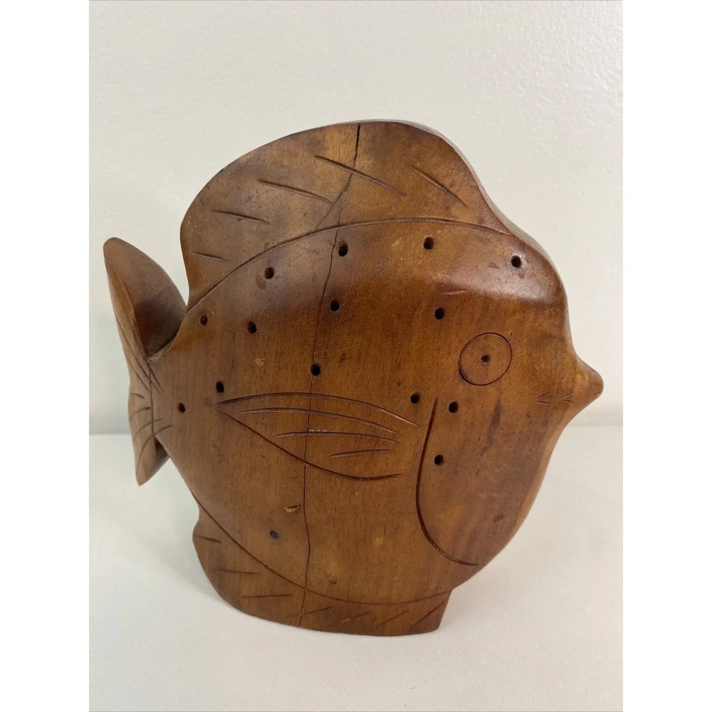 Large vintage wooden fish toothpick holder party server